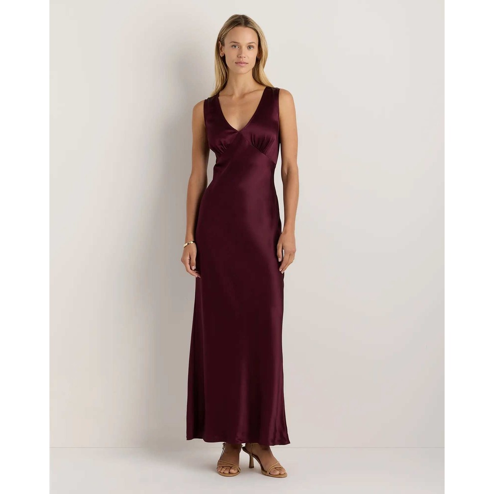 Quince Washable Mulberry Silk Deep V Maxi Dress Wine Tasting Red XS NWT